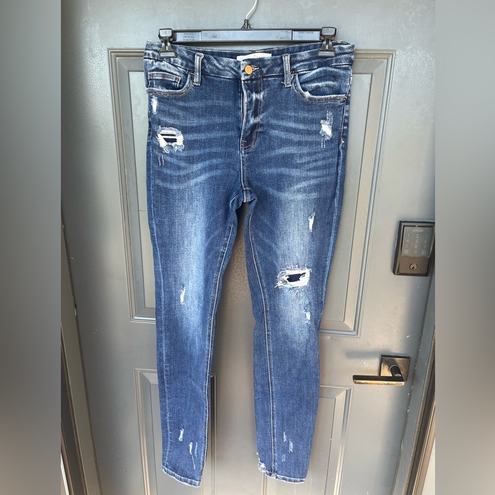 High-Rise Dark Blue Distressed Skinny Jeans